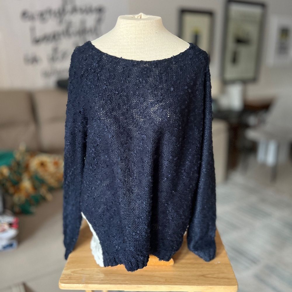 Monteau Large Dark Blue Navy Lace Swiss Dots Sweater